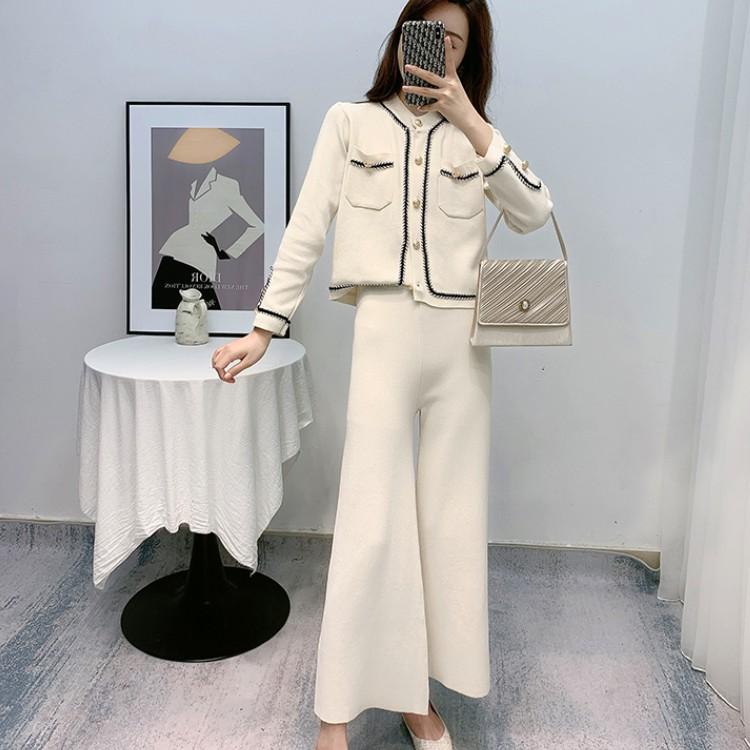 

Autumn 2 PIece Set Elegant Women Hit Color Knit O-Neck Long Sleeve Single Breasted Cardigan Sweaters + Wide leg Pants Outfits, Photo color