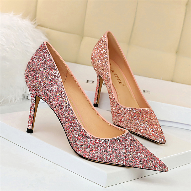

2020 Women Sexy 8.5cm High Heel Glitter Bling Scarpins Pumps Plus Size Gold Pink Heels Stiletto Wedding Bridal Valentine Shoes, Orange