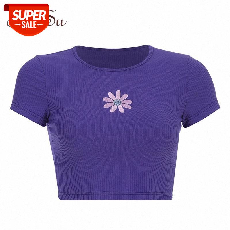 

ArtSu Summer Casual Basic Tshirt Women Embroidery Floral Cute Crop Top T Shirt Korean Purple Tee Shirt Women Cotton ASTS20881 #Gv1O, White