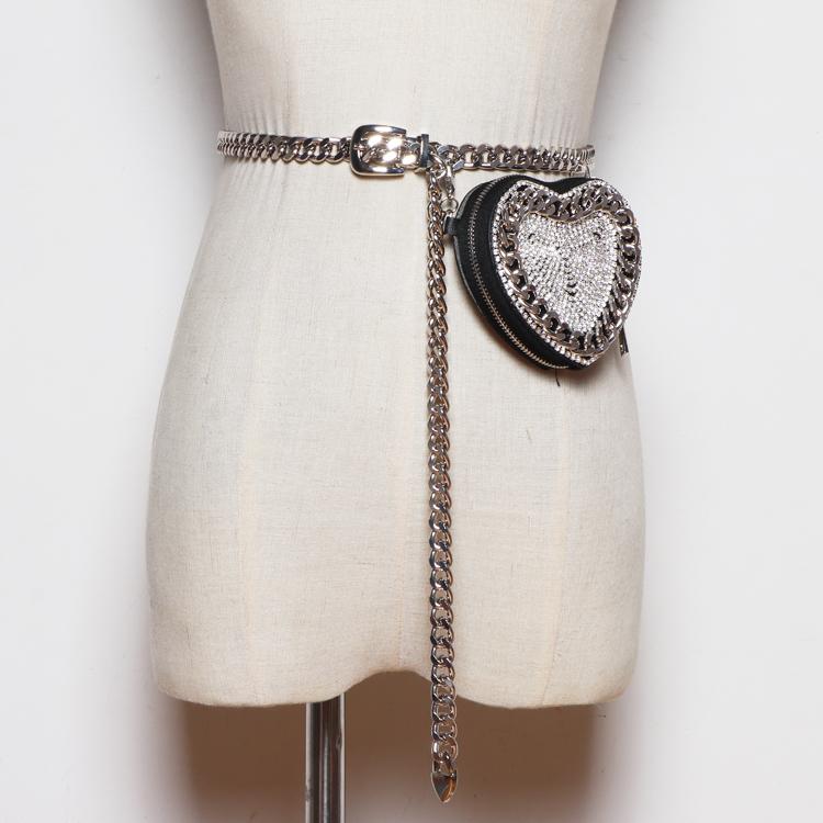 

2020 Heart Circular Shape Waist Chain Coin Money Bag Bling Rhinestone Chain PU Fanny Packs Detachable Mini Female Messenger Bag, Sky blue