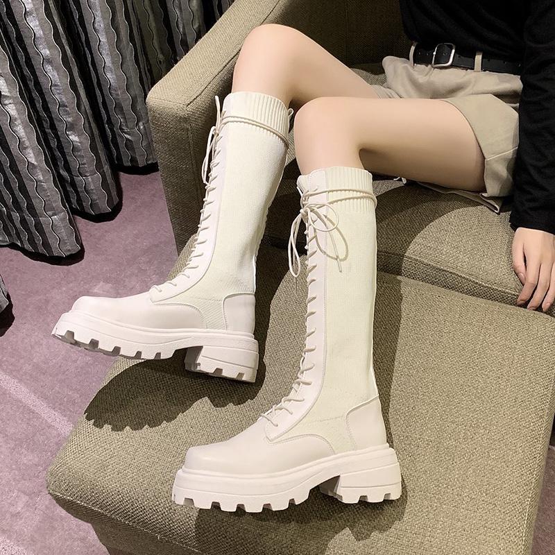 

Rimocy 2021 Autumn Women Chunky Platform Knee High Boots Fashion Elastic Cloth Knitted Long Boots Woman Thick Sole Lace Up Shoes, Beige