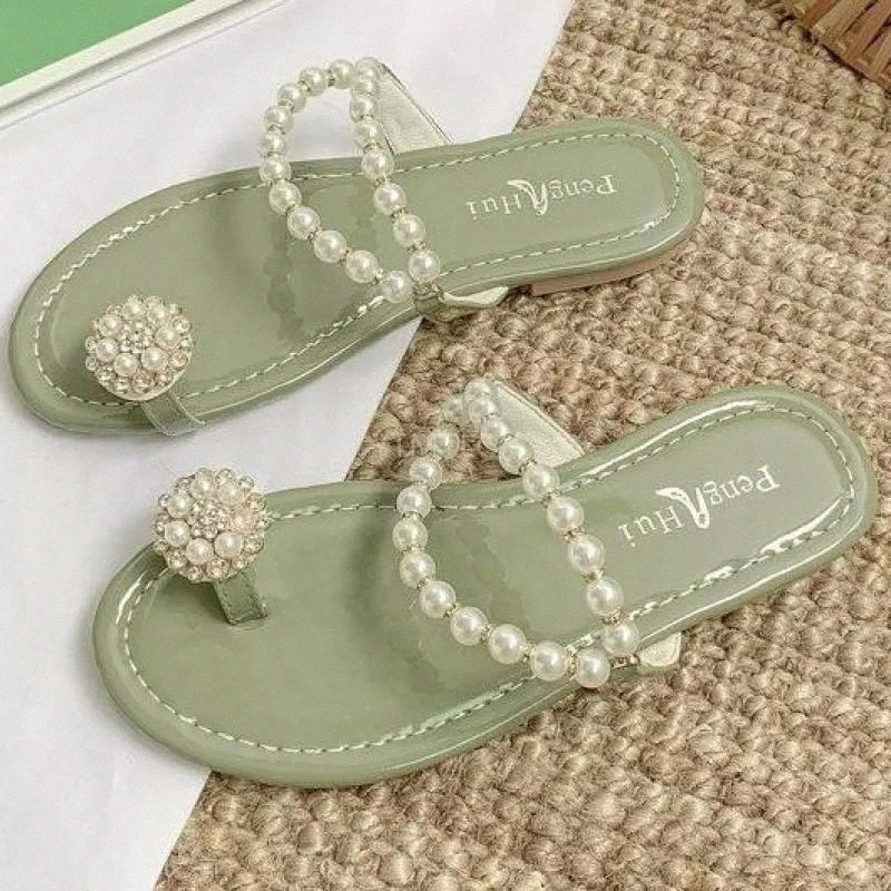 

Summer Women Sweet Pearl Sandals Brand Sexy Green Soft Bottom Flats Designer Outdoor Casual Flip Flop Female Zapatillas Mujer #0o4O