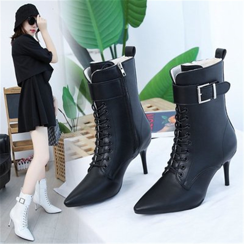 

New Female 2021 Fashion High-heeled Buckle Pointed Toe Lace Up to Ladies Leather Shoes Hot Autumn Boots Black 8M6S, White