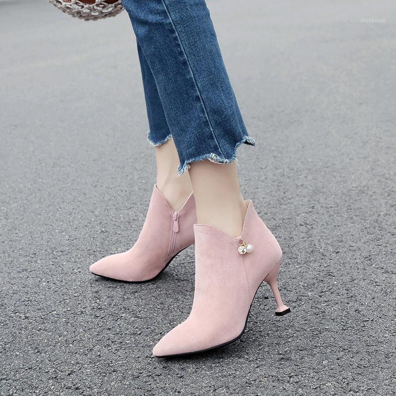 

Magical2021 Medium Heel Pointed Head Korean Spring and Autumn Winter Show Thin High Heels Short Boots1, Fur boots 5.5cm