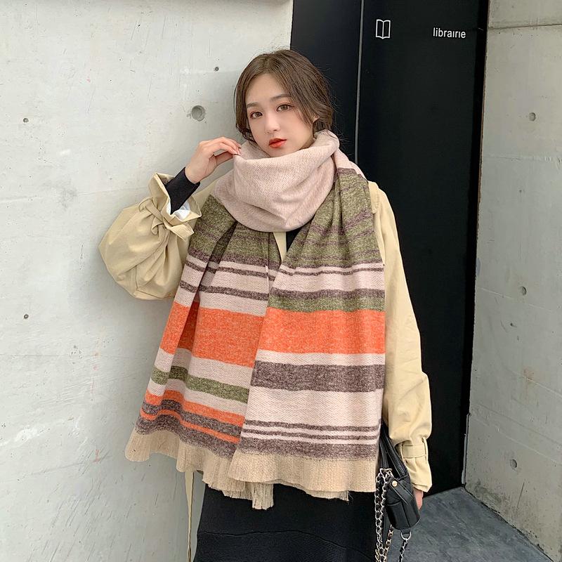 

Scarves 2021 Women's Winter Scarf Autumn, Fashion Striped Color Matching Imitation Cashmere Tassel Thickening Warm Shawls Wraps Stole