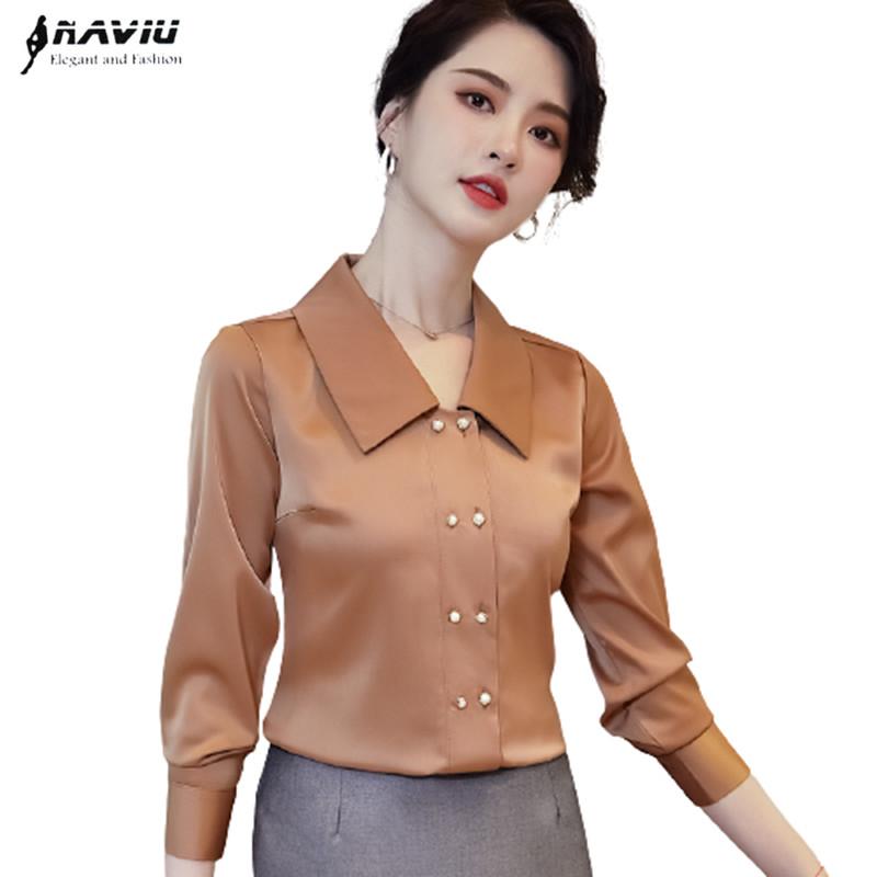 

Long Sleeve Shirt Women Spring New Fashion Temperament Satin Formal Blouses Office Ladies Casual Work Tops Brown White