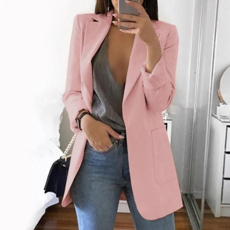 

New Women Slim Casual Solid Blazer Long Elegant Business Blazers Coat Ladies Spring Autumn Suit Cotton, Black