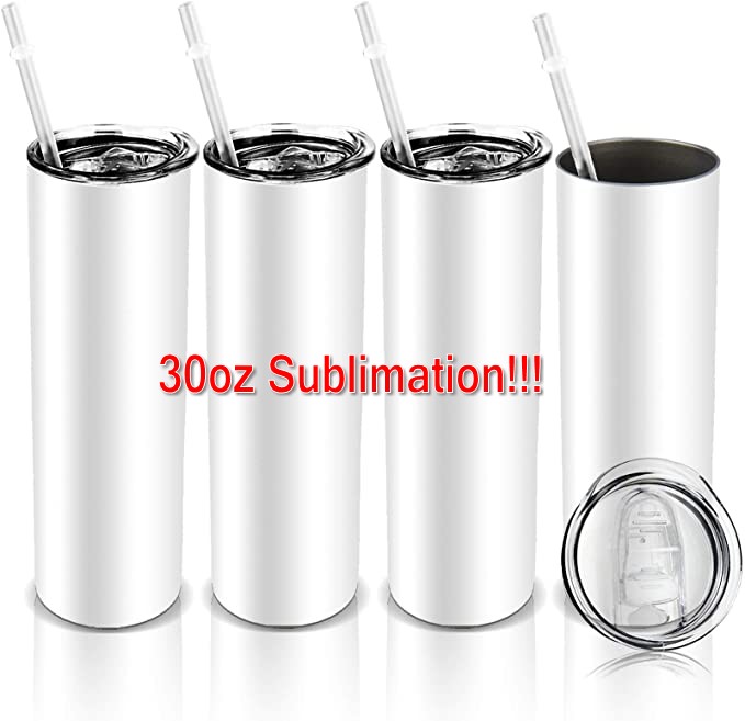 

30 oz Sublimation Tumblers with Straws Lid Stainless Steel Double Wall Vacuum Insulated Cups Travel Mug Gift for Men and Women White, White 30oz