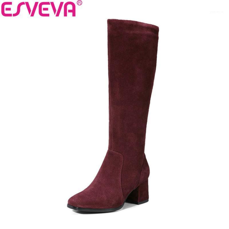 

ESVEVA 2020 Women Boots Cow Suede Comfortable To Wear Knee-high Boots Square Toe Square High Heels Warm Fur Size 34-391, Black