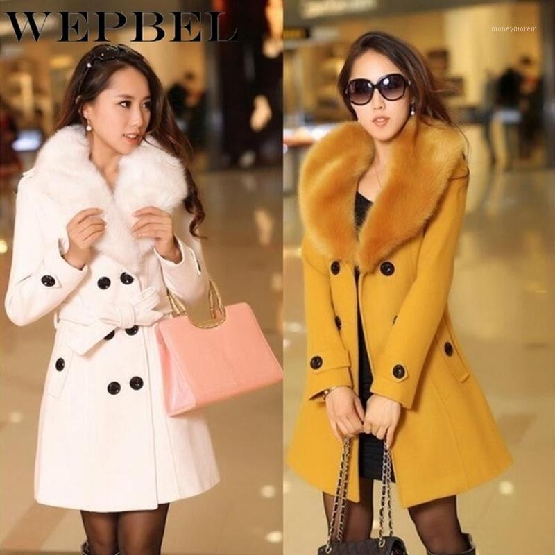 

WEPBEL Women's double breasted fur collar coat long winter warm jacket fur coat1, Black