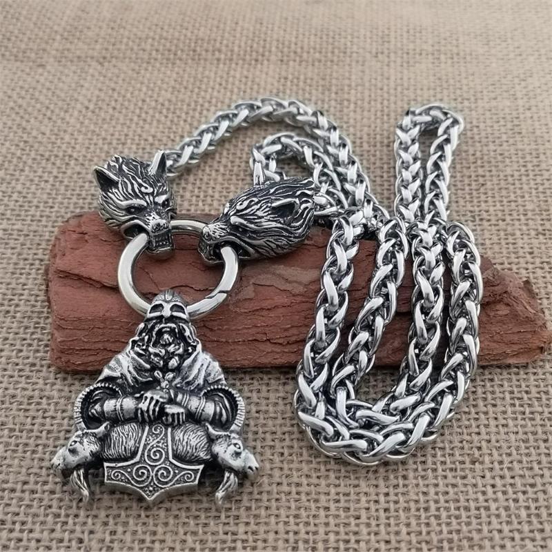 

Nordic Man Viking Warrior Double Sheep Head Pendant Necklace Stainless Steel Wolf Head Chain Necklace Viking Jewelry Gift
