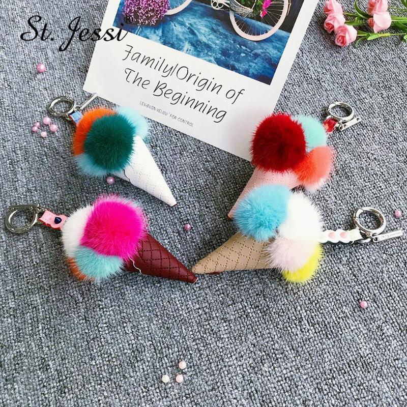

Keychains ST.Jessi Ins High Quality Real Genuine Monster Cream Cone Leather Keychain Keyring Bag Charm Car Key Ring Pendant1