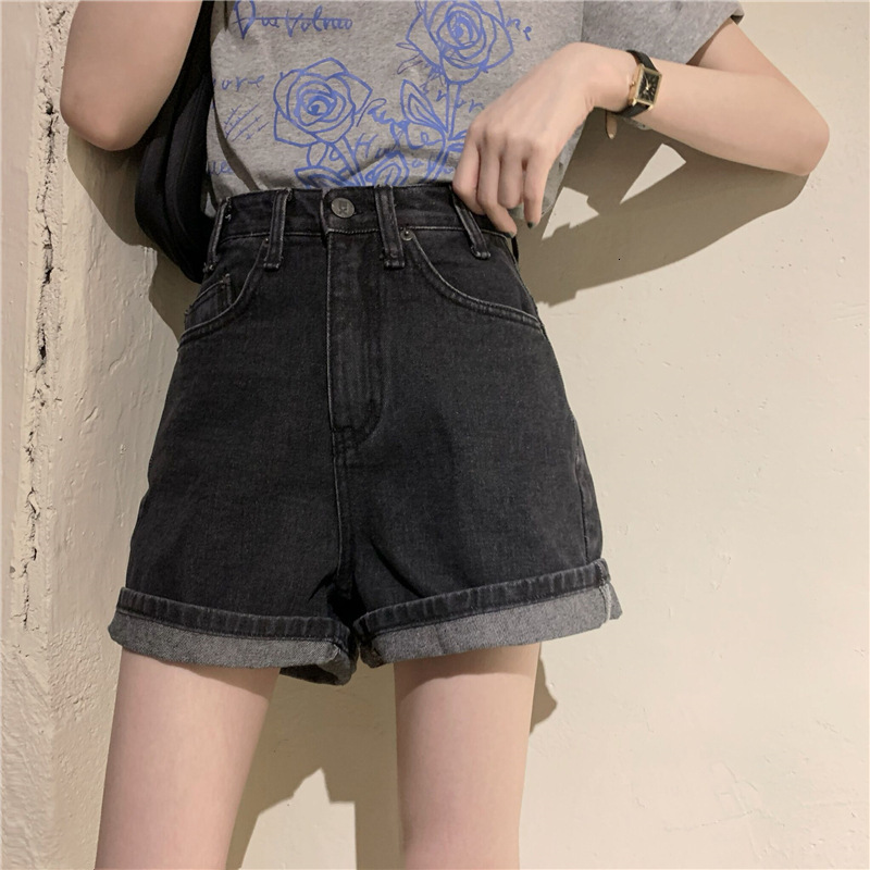 

2021 New Summer retro hong kong taste casual black coal high-waisted jeans curled denim shorts straight hot pants 6BH3, Anthracitis