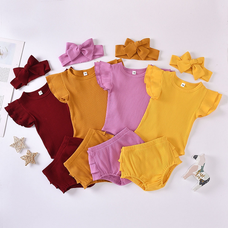 

Summer Baby Girl Suit Baby Pit Striped Cotton Flying Sleeve Romper + Triangle Shorts + Heabands 3Pcs/Set Newborn Clothing Sets M3259, Remark colors