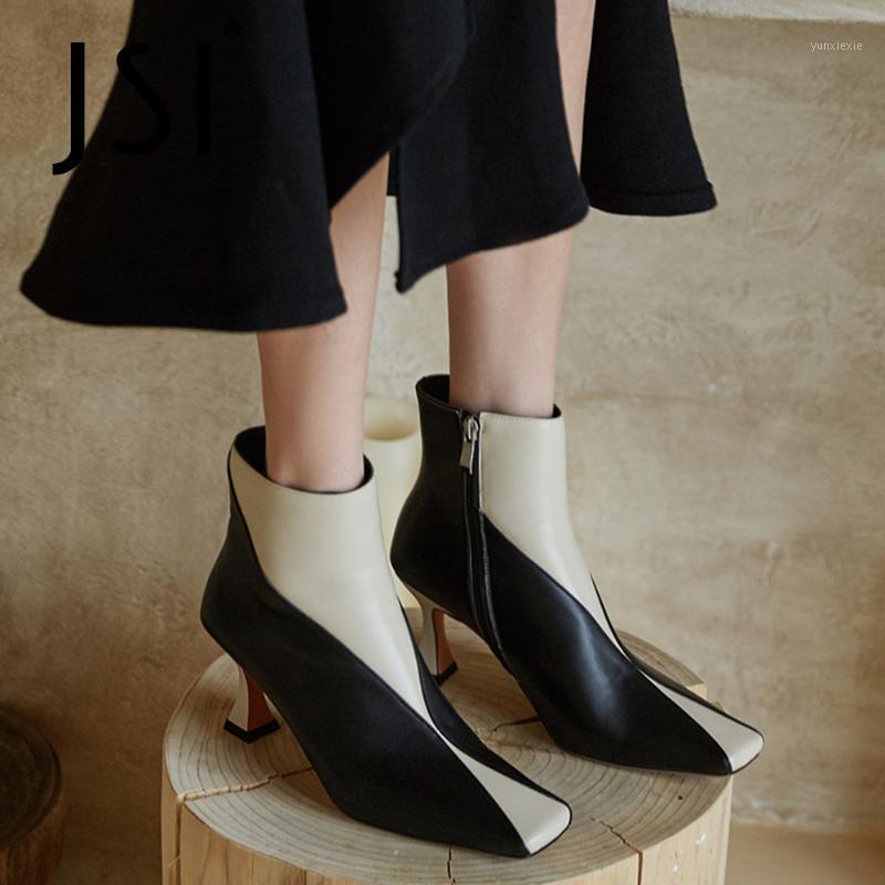 

JSI Elegant Style Ankle Boots Woman Winter Spring Mixed Colors Genuine Cow Leather Retro Square Toe High Thin Heel Shoe JO7401, Black