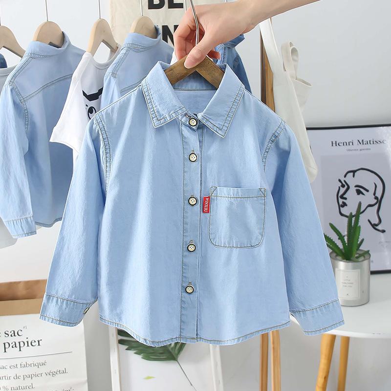 

2020 Autumn New Kids Boys Denim Camouflage Shirt Teens Long Sleeve Blouses Tops Jeans Top Shirts, Dark blue