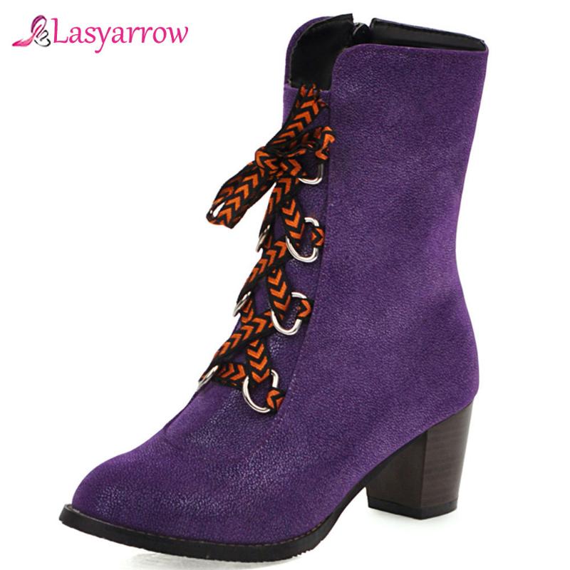

Lasyarrow 2020 Autumn Winter Denim Cross Tied High Heel Boots Female Blue Block Heel Ankle Riding Knight Boots Shoes Woman J1015, Purple