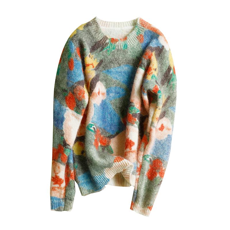 

Spring and Summer 2021 New Commuter Temperament Round Neck Printing Mohair Wool Silhouette Loose Round Neck Sweater Sweater, Blue