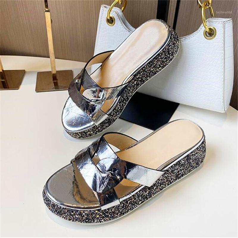

Sequin slippers summer new flat bottom half slippers women wear thick bottom ins casual shoes1, Silver