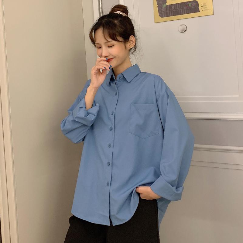 

New Promotion Women's Blouse 2020 Sexy Long Sleeve Lapel Ladies Shirt Solid Printing Button Design, Blue