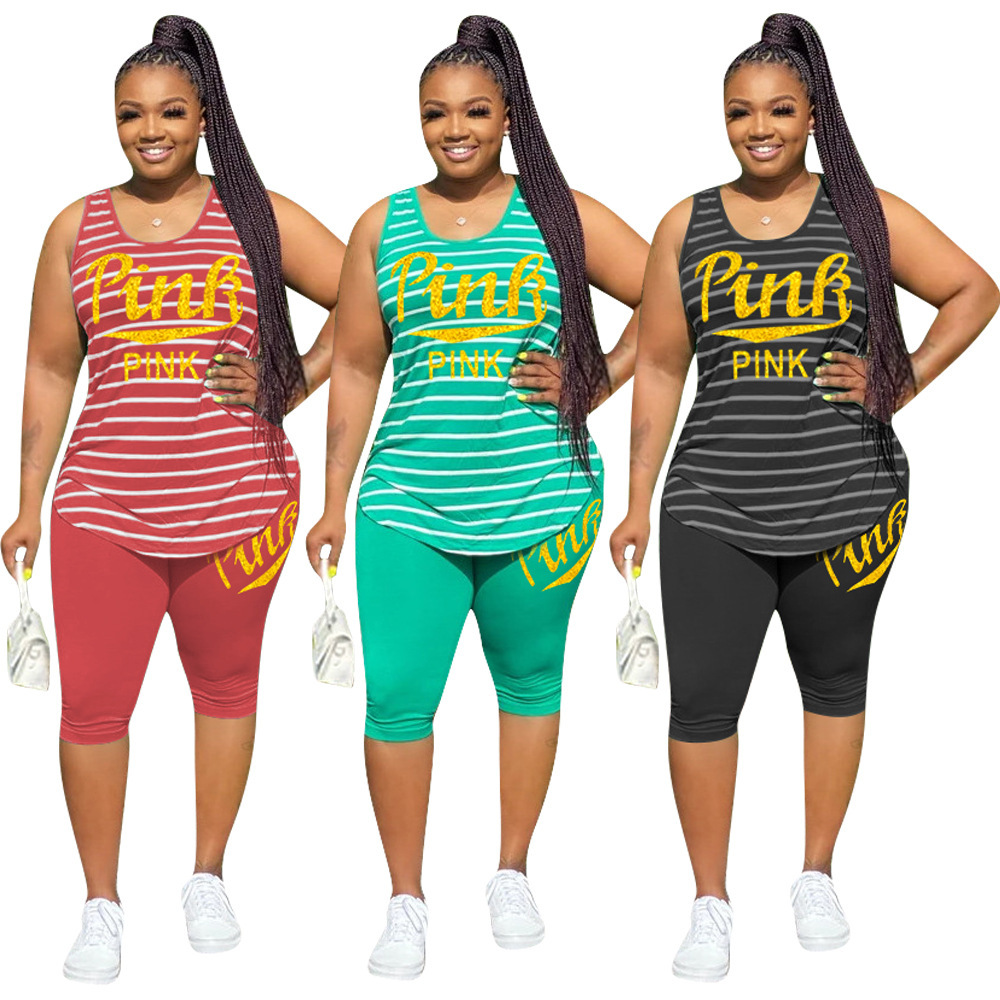 

2021 New of Summer Striped Pink Sports Clothes Tops at Knee Length Suit Pants Two Pieces Set 2pcs Street 4X9N, Red