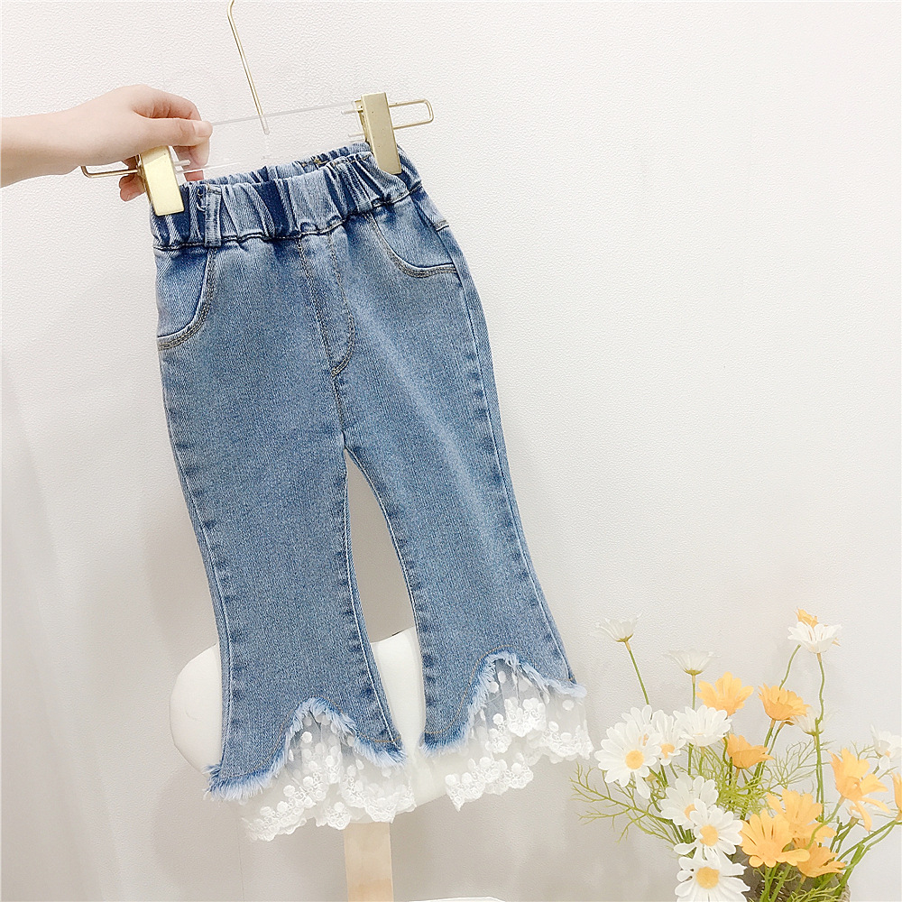 

Girls lace flare jeans kids gauze embroidery falbala denim pants INS children casual cowboy trouser A8230, Blue