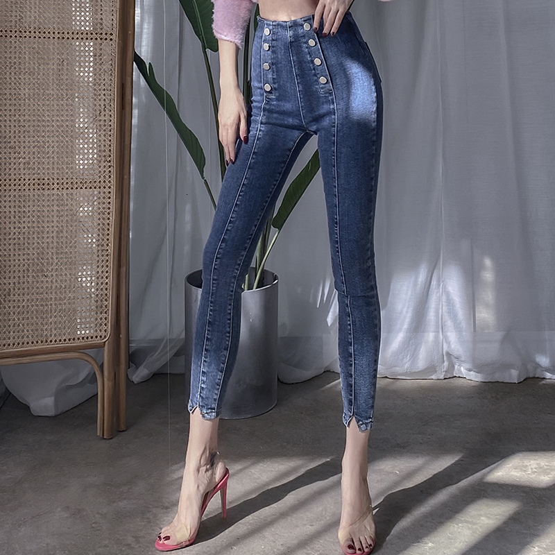 

2021 New Fashion Fall High Elastic High-elastic Thin Double Pencil Blue Pants High-waisted Women's Jeans YSR1, Dark gray.