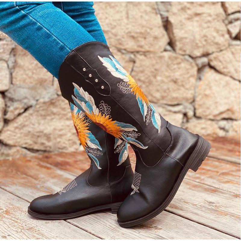 

Women Mid Calf Boots Embroidery Ladies Shoes Floral Boots Woman Plus Size Footwear Autumn Low Heels Print Slip On Fashion New, Black
