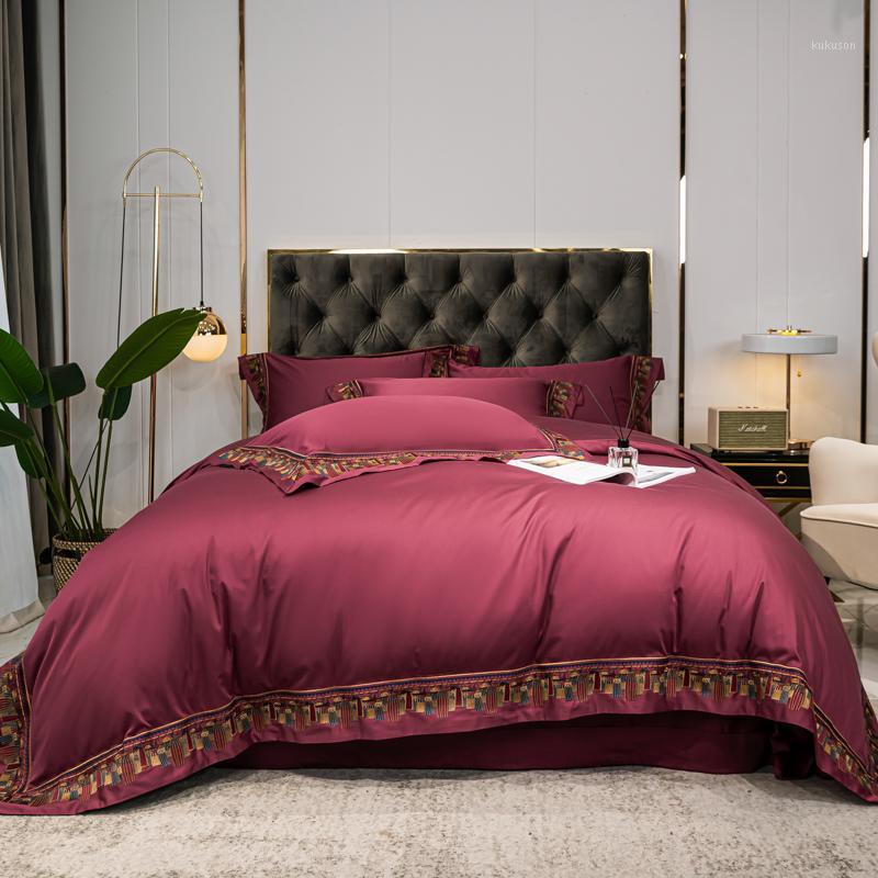 

1000TC egyptian cotton Bedding sets Queen King size gray red Duvet cover Bed sheets/Elastic band fitted sheet linen set bed set1