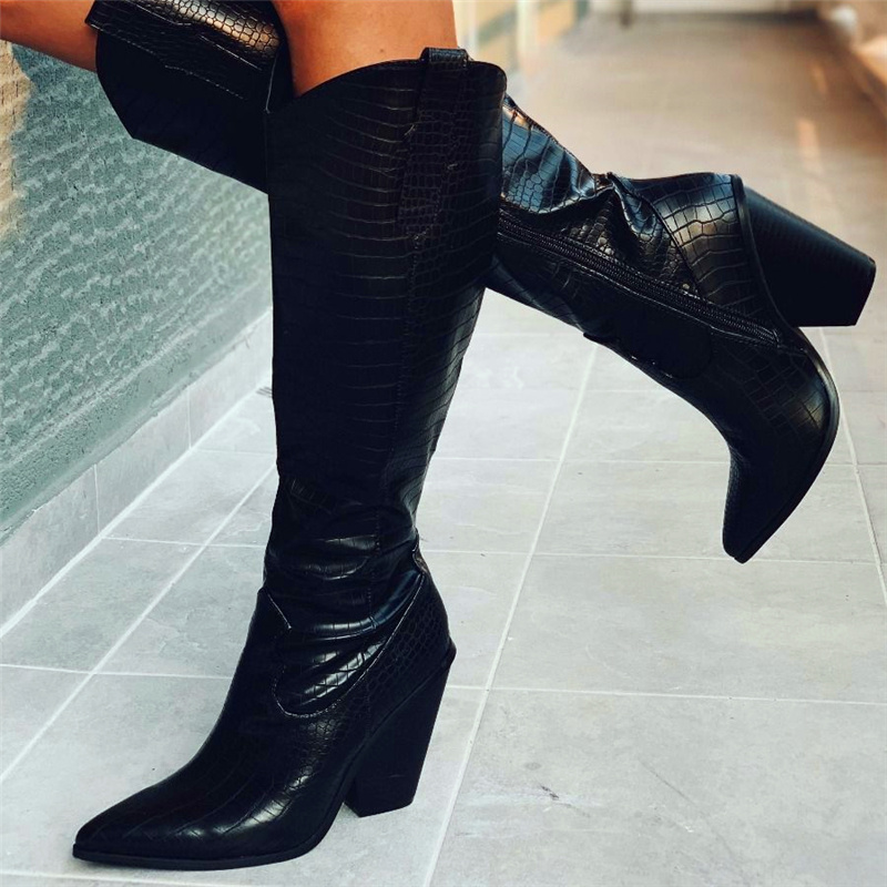 

women knee high boots high heels pointed toe wedges shoes woman chaussure zapatos mujer gladiator PU plus size booties D1443, Black