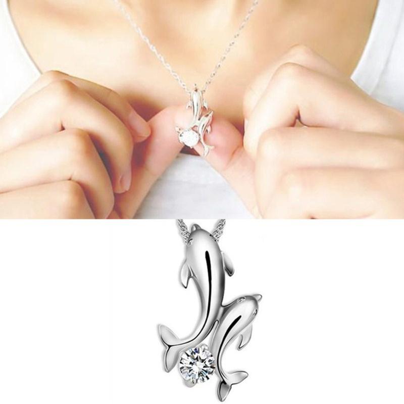 

1PC Fashion Crystal Cute Double Dolphins Pendant Necklaces Rhinestone Chain Necklace