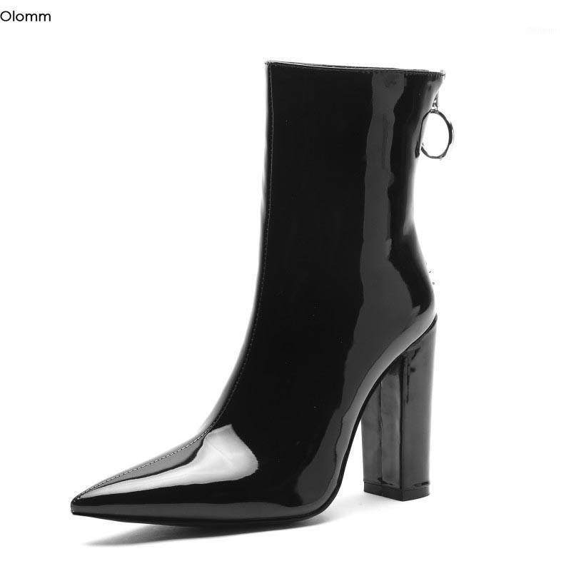 

Olomm Handmade Women Winter Ankle Boots Square High Heels Boots Pointed Toe Gorgeous Shiny Black Party Shoes Women US Size 4-131, D2132 black