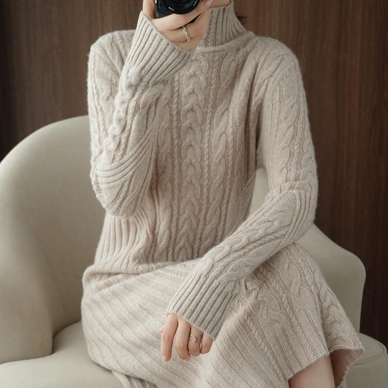 

winter long sweater dress turtleneck women girls wool pullover top full sleeves casual warm female warm sweaters, Beige