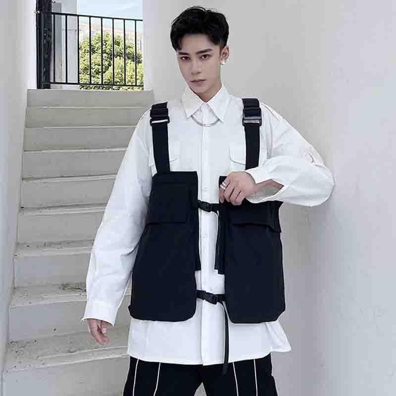 

Individual big pocket irregular deconstruction tactical vest functional style men and women small fashion hip hop vest DJ, Black