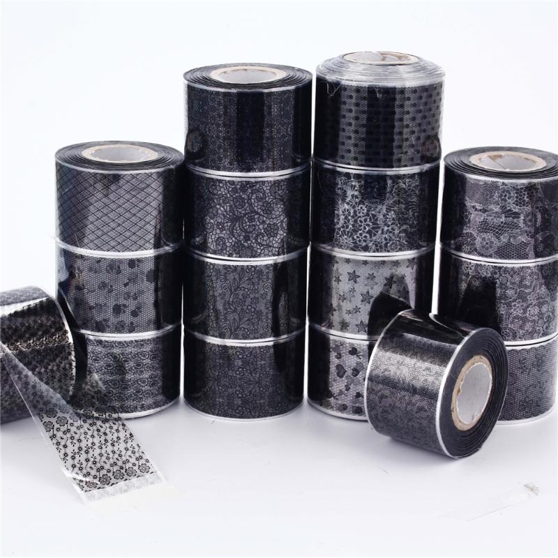 

16Roll Black White Lace Transfer Foil Flower Nail Art Sexy Full Wraps Flower Glue Adhesive DIY Manicure Styling Tools 120M*4CM, Black lace