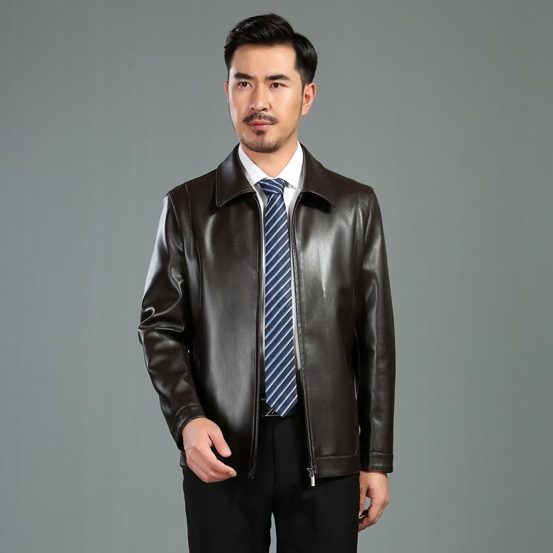 

Men's leather motorcycle jacket spring and autumn thin middle-aged high quality PU washed leather slim jacket men, Black