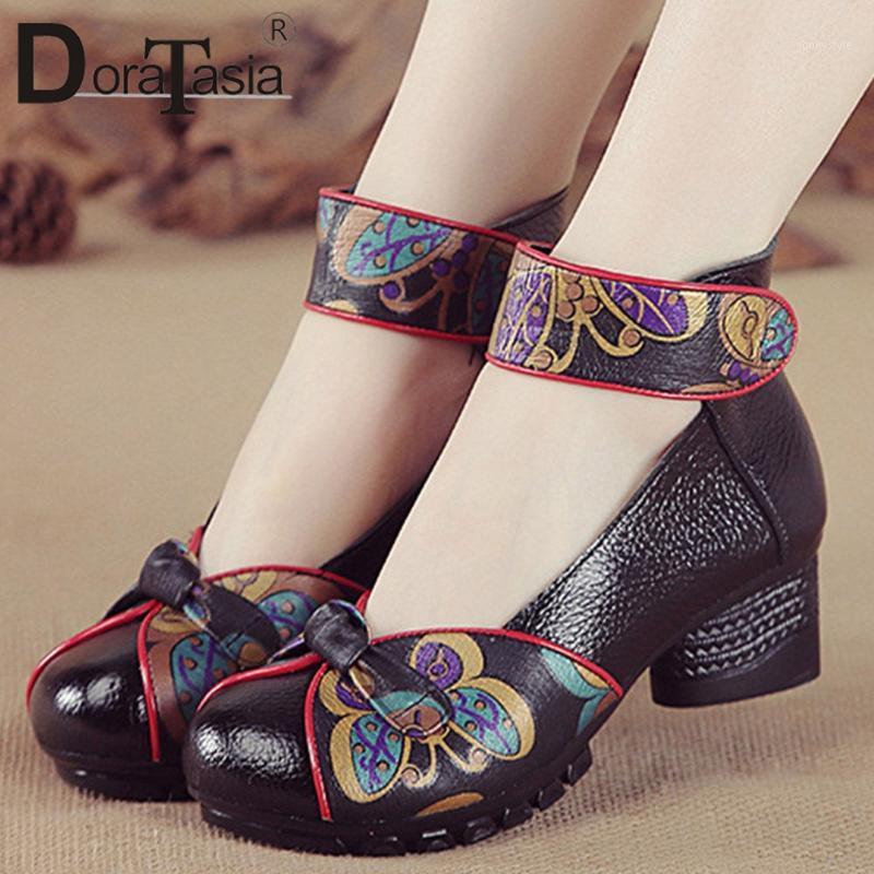 

DORATASIA Fashion Ethnic Print Pumps Med Chunky Heels Shallow Pumps Women High Quality Split Leather Shoes Woman1, Red