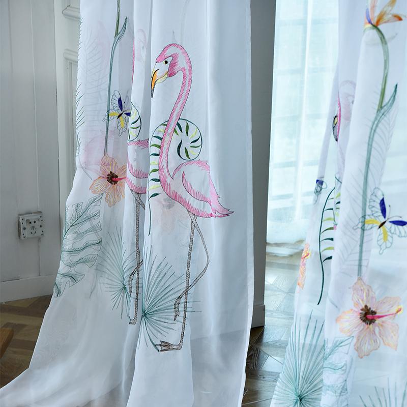 

American Embroidered Pink Birds Cotton Linen Curtains for Living Room Sheer Bedroom Window Treatments White Tulle Elegant Drape, Tulle 1 piece