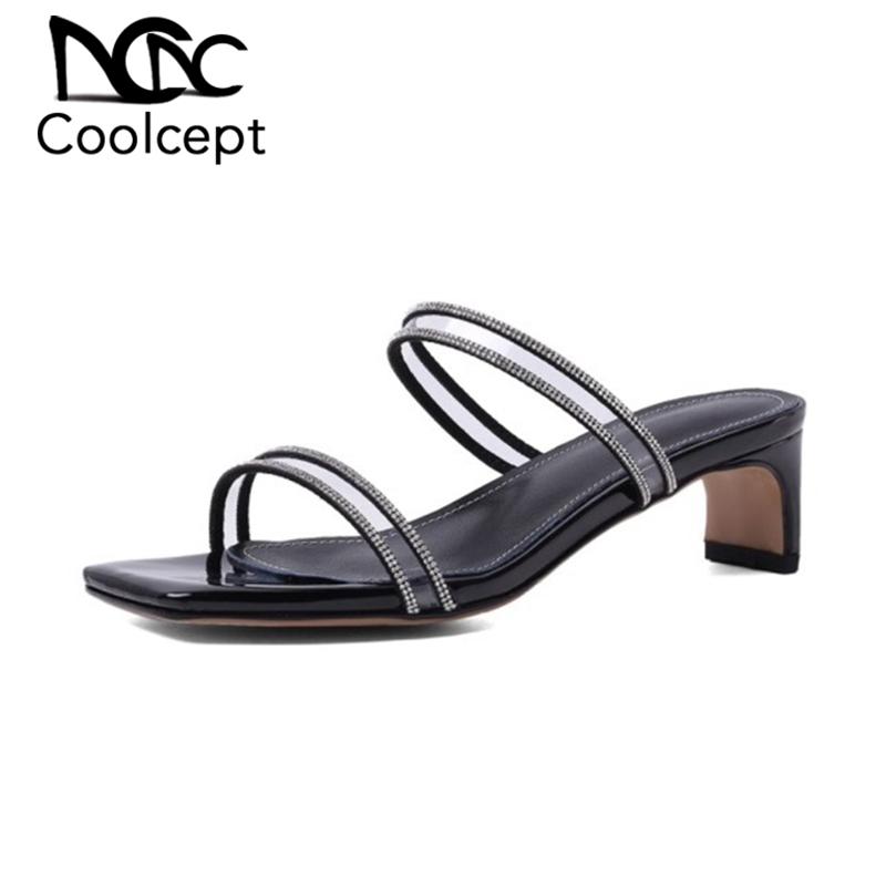 

Coolcept Summer Women Sandals Shoes Fashion Little Crystals Shoes Women Thick High Heels Slippers Slip On Footwear Size 34-39, Black