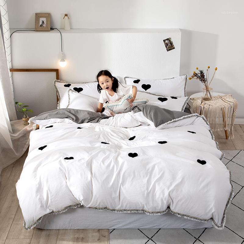 

3 4pcs Washed Cotton Modern Style Duvet Cover Bed Sheet Pillowcases Love Heart Cloud Strawberry Solid White Pink Yellow Pig1