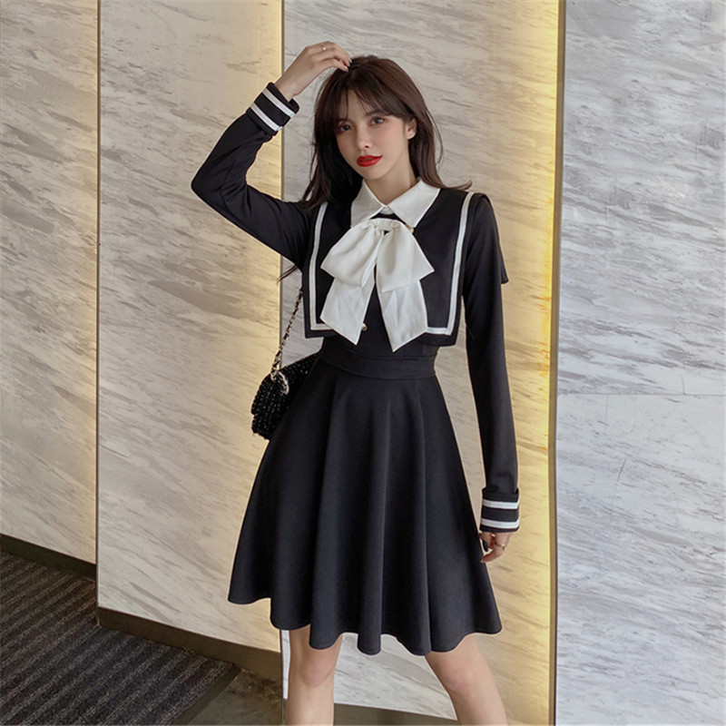 

2021 New Sweet Ladies'short Autumn Bow Knot Beautiful Sea Style Waist Fashion Dress Long Sleeves CNXX, Black