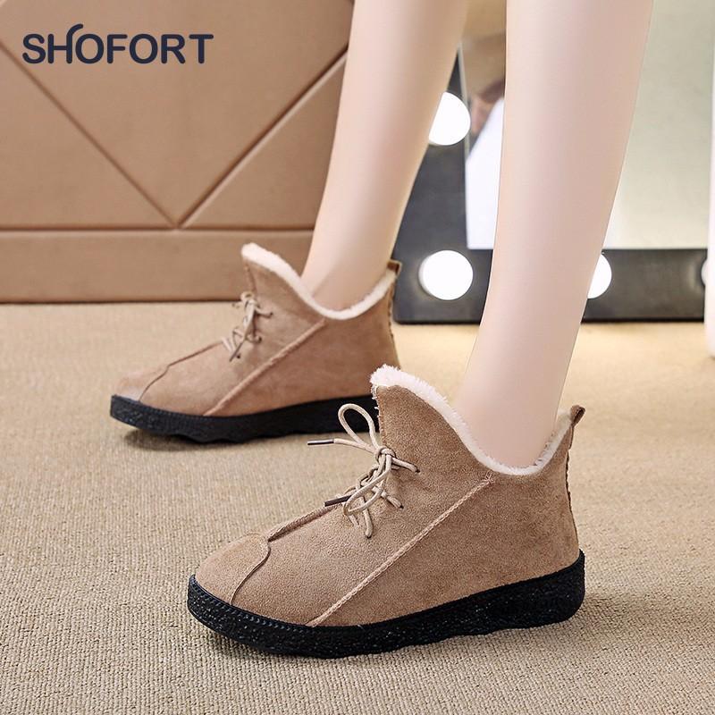 

SHOFORT Snow Boots 2020 Fashion Casual Solid Color All-match Women Shoes Flat Heighten Non-slip Plus Velvet Warm Cotton Shoes, Black