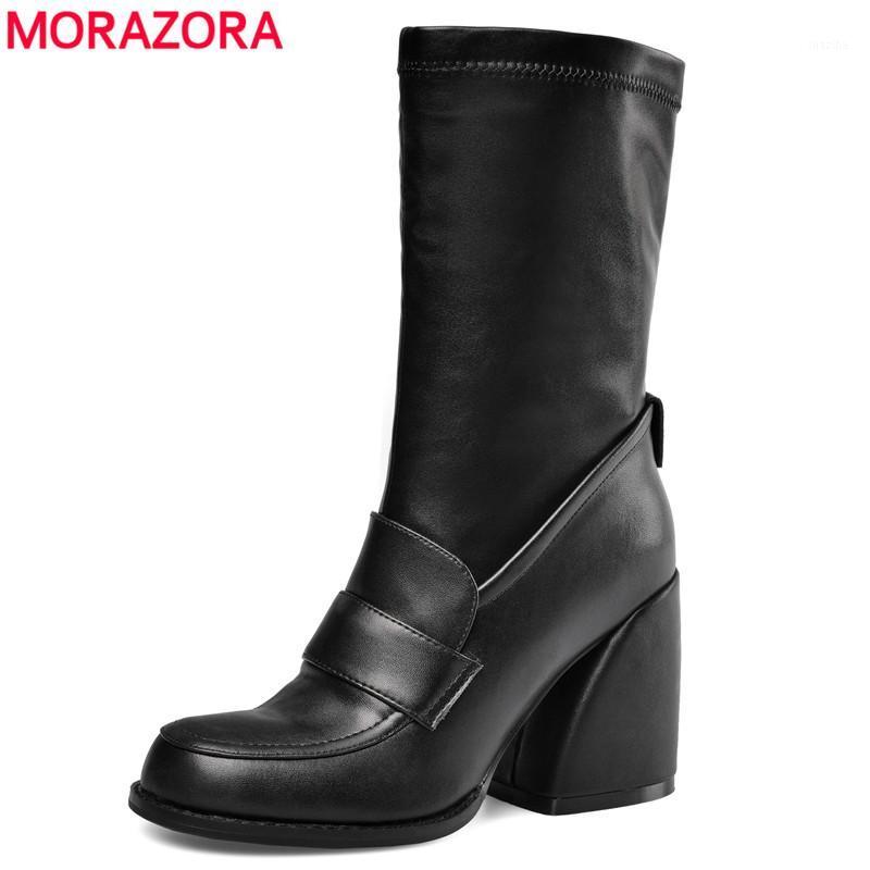 

MORAZORA Big size 35-44 New women boots hoof high heels autumn winter boots zipper stretch mid calf women shoes1, Black not fur