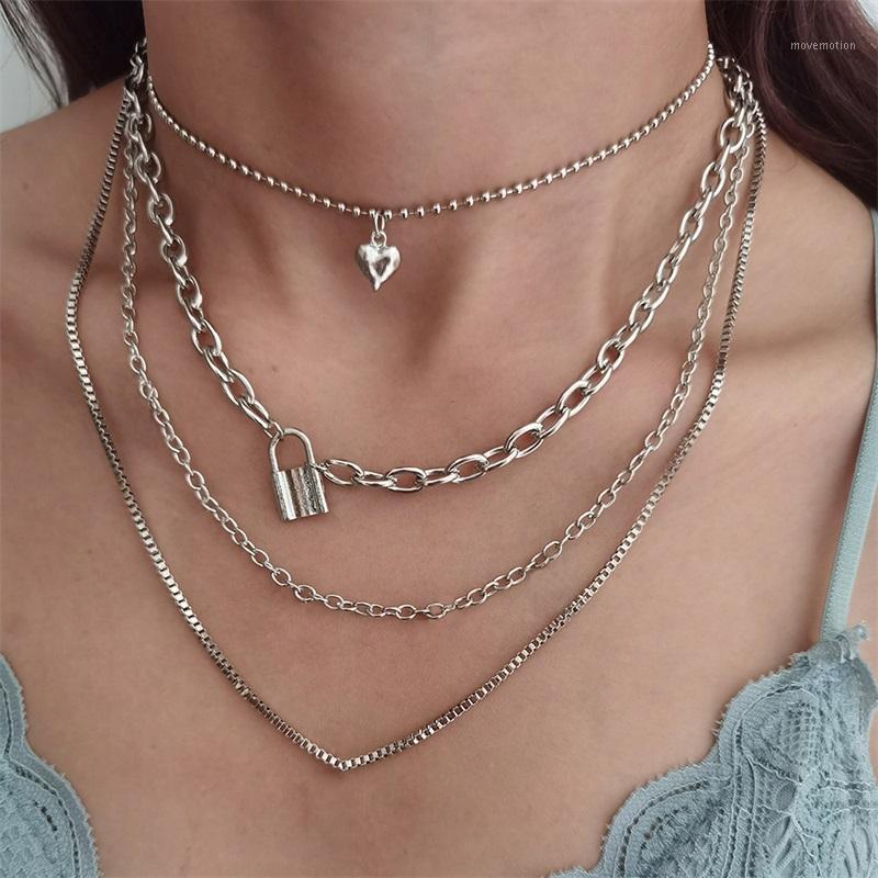 

4Pcs/Set Women Necklaces Set Bohemian Lock Heart Bead Clavicle Chain Geometric Silver Color Necklace Charm Wedding Party Jewelry1