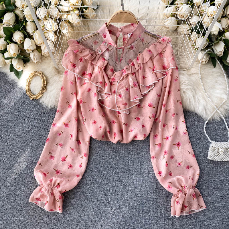 

2021 New Female Singreiny floral boho blouse design turtleneck patched mesh frown sweet tops Autumn printing streetwear blouses HJ6W, Black
