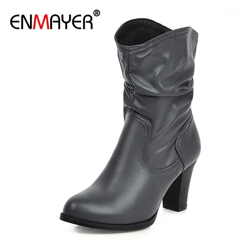 

ENMAYER Slip-On High Ankle Boots for Women Autumn PU Round Toe Women Boots Solid Short Plush Pleated Womens Shoes winter Beige1, Beige
