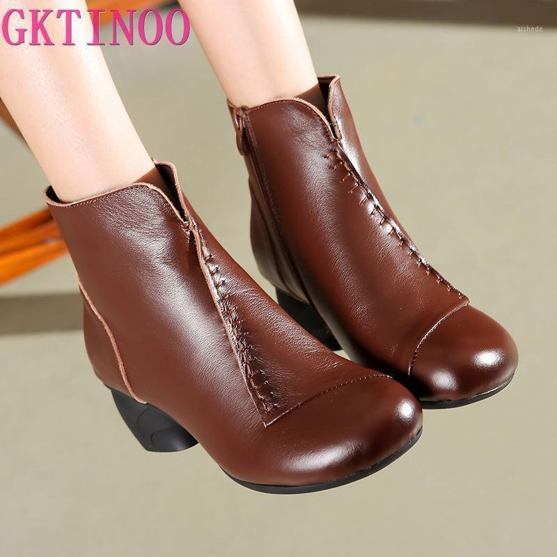 

GKTINOO Spring Autumn Women Boots Genuine Leather Thick Heels Ankle Boots For Women Shoes Retro Handmade Zipper Short1, Black