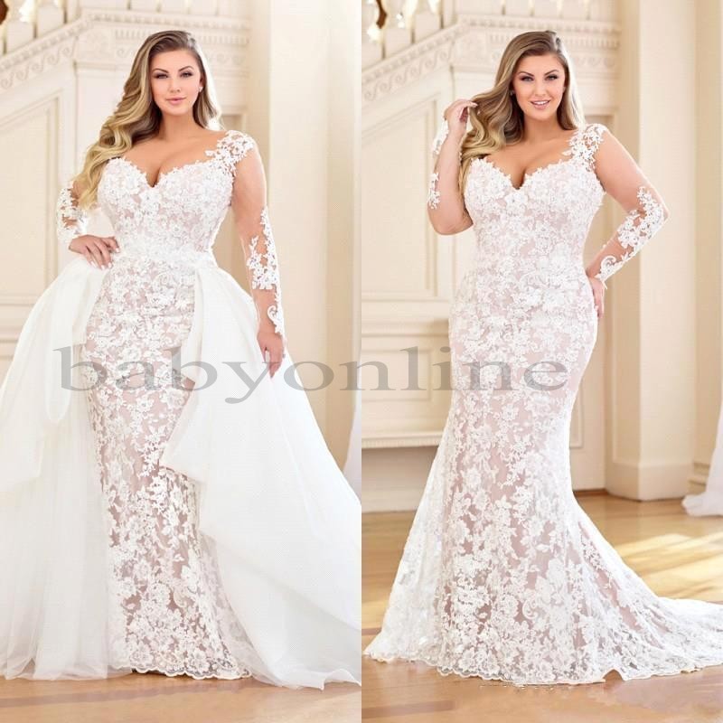 

2021 New Plus Size Mermaid Wedding Dresses With Detachable Train Long Sleeve Full Lace Appliqued Bridal Dress V Neck Wedding Gowns BC4351, Gold
