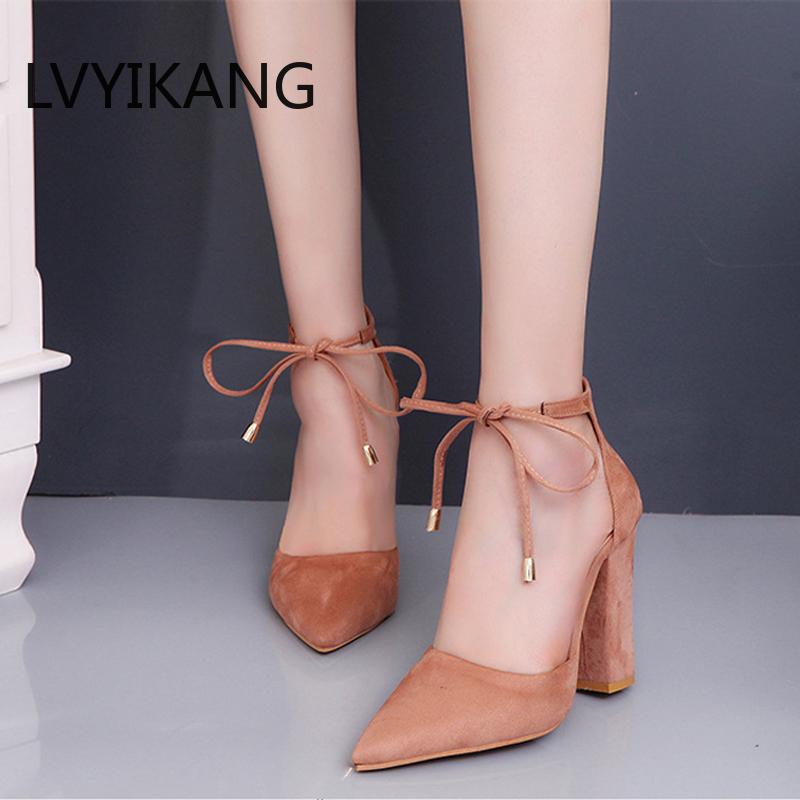 

Women Pumps Sexy High Heels Shoes ladies Lace Up Point Toe Party Wedding Pump Black Woman shoes 35-43 chaussures femme