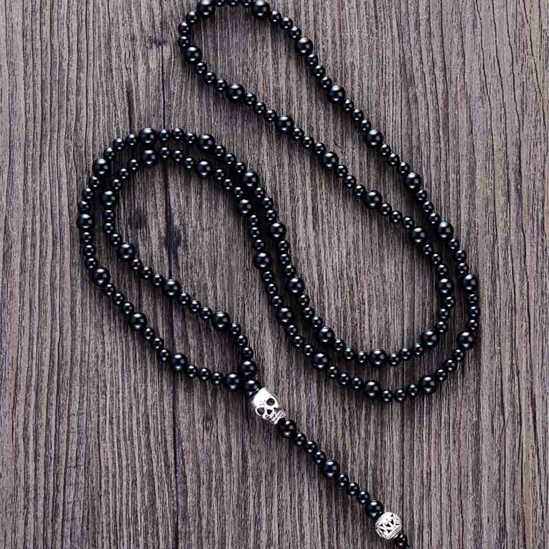 

Men Necklace Quality Black Onyx with Skull Mens Rosary Necklace Beads Punk Couple Necklace Mens jewelry Dropshipping 201211, Silver